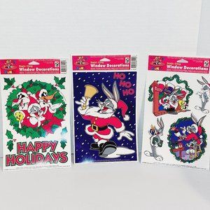 Vtg 1996 Looney Tunes Christmas Window Clings set of 3